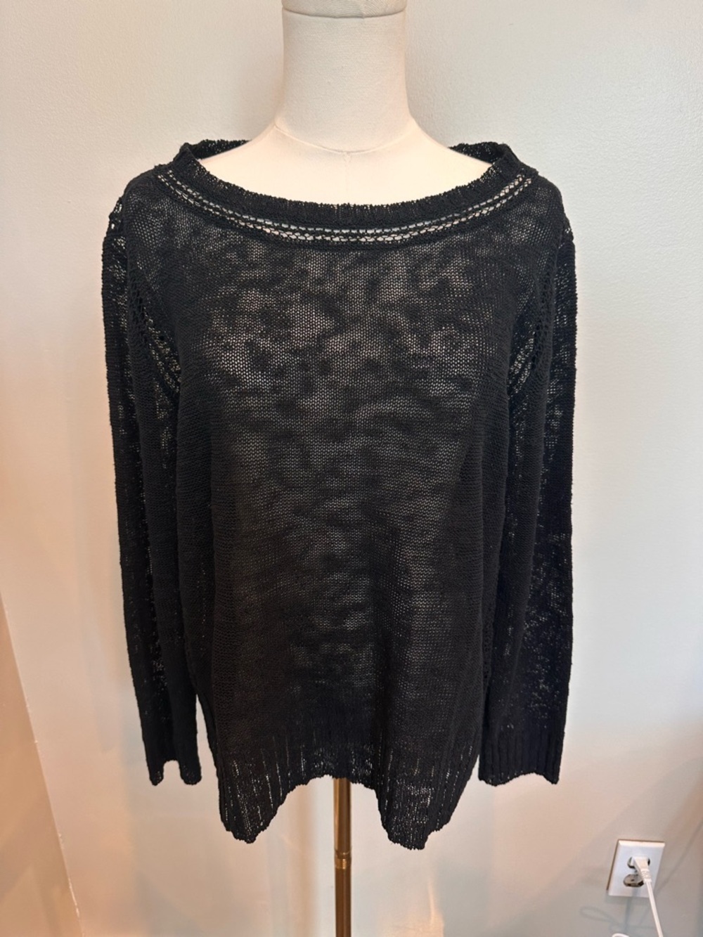 Eileen Fisher Organic Linen Blend Sheer Black Spring Sweater S